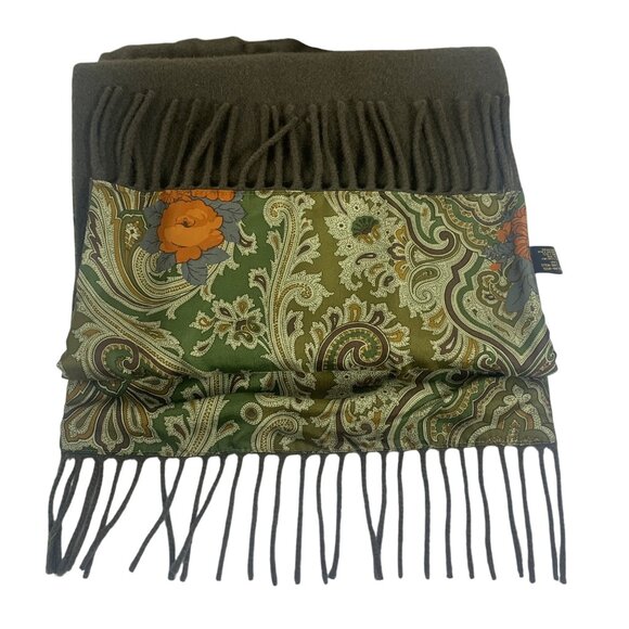 Reversible Army Green Wool w/ Silk Paisley Fringe Opera Scarf Made In Italy EUC - Picture 1 of 5